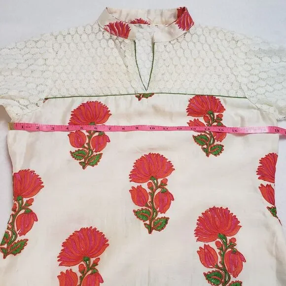 Womens Cream Kurta Top Large Lace Floral Embroidered Bohemian Straight Tunic - Picture 3 of 16